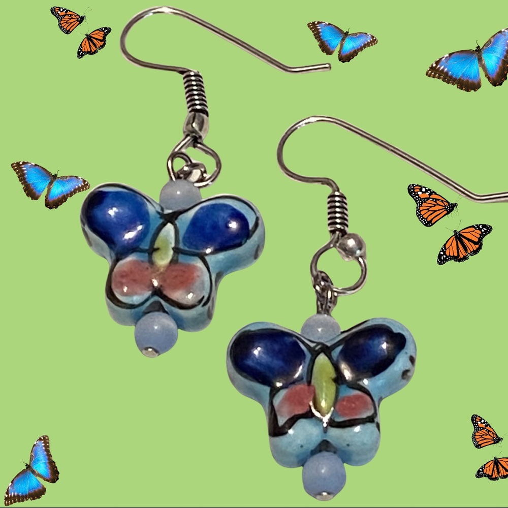Hand Crafted Butterfly Earrings Porcelain Long Dangle Blue Pink Pierced - Picture 2 of 7